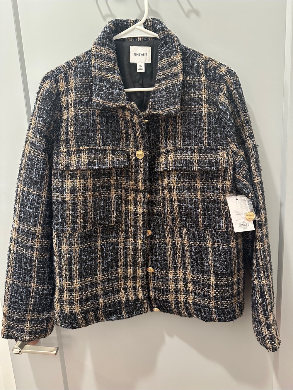 Nine West Navy and Beige Tweed Jacket with Gold Buttons